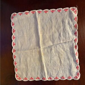 Vintage White Cotton Handkerchief with Pink Floral Trim